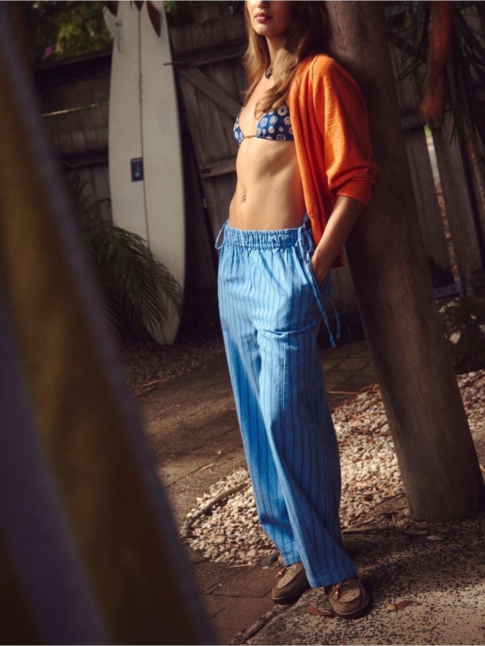 NWT free people Sun Dazed Cotton Linen Striped Pants M Cobalt Waist Ties - Picture 7 of 8